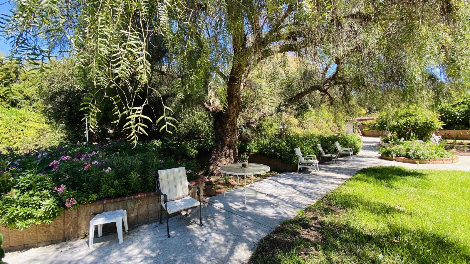 Sunny garden and walking paths at Huntington Manor